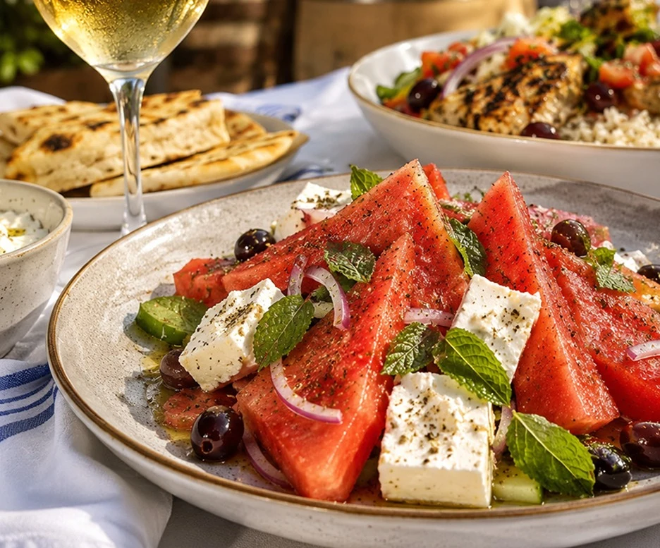 Watermelon feta salad with Mediterranean lunch dishes