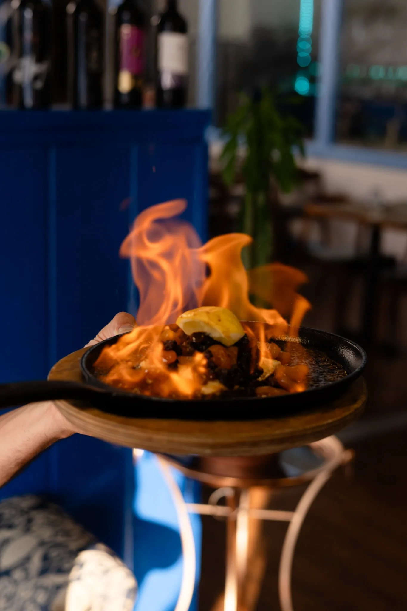 Flaming Saganaki served tableside at Kalimera in Santa Rosa
