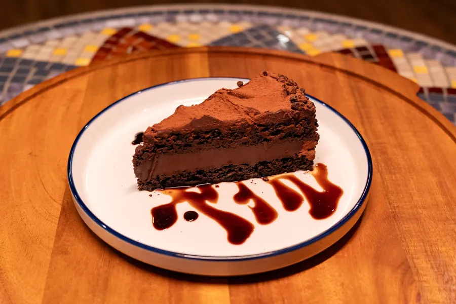 Slice of layered chocolate cake dusted with cocoa, with chocolate sauce on the plate