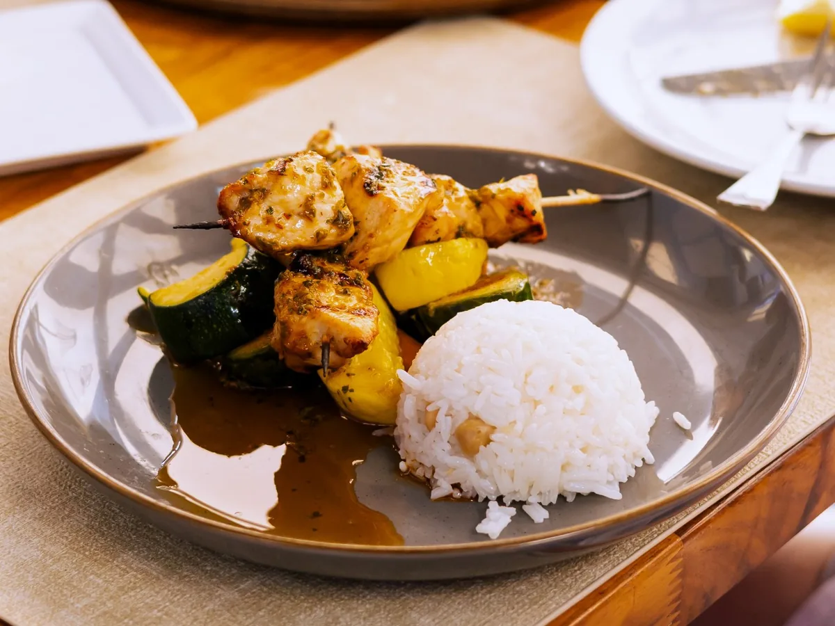 Mediterranean chicken skewer lunch plate with rice at Kalimera Santa Rosa